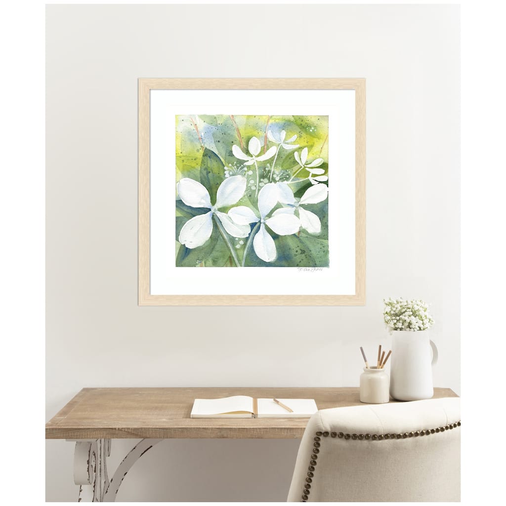 Kate and Laurel Framed Art White Phantom Hydrangea in Greens by Patricia Shaw