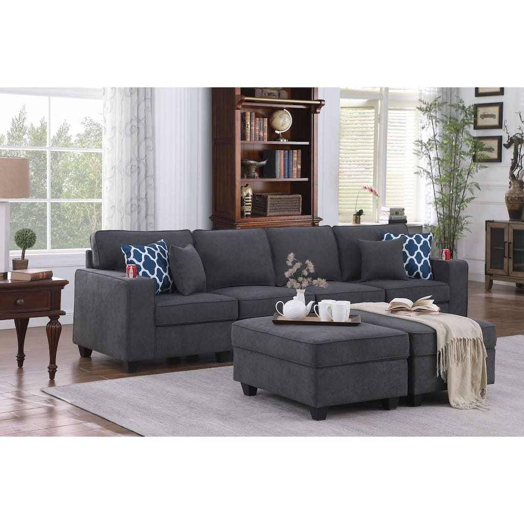 Woven Upholstered 4-Seater Sofa with 2 Ottomans in Stone Gray