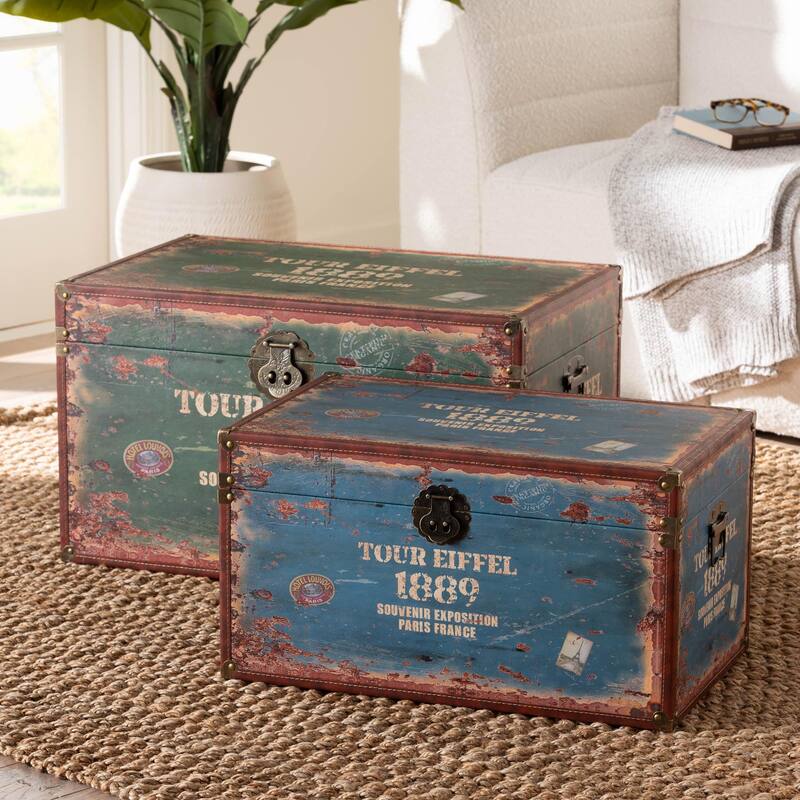 Sabeen Vintage Parisian Faux Leather and Wood 2-Piece Storage Trunk Set