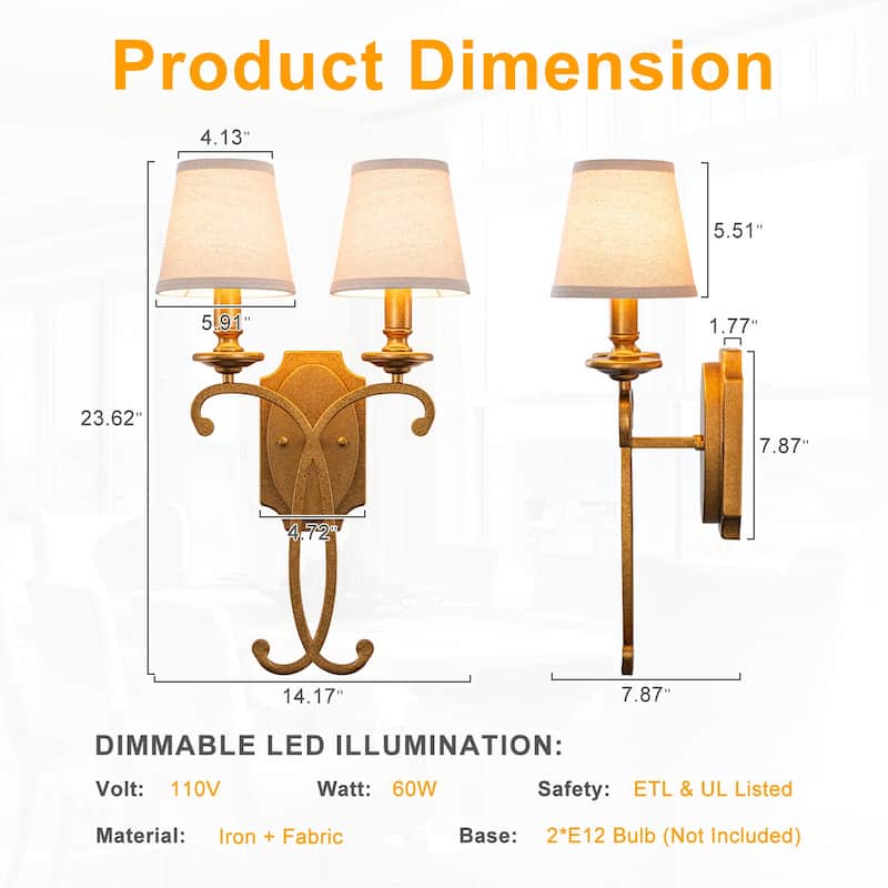 2-Light Antique Gold Metal Wall Sconce Cone Linen Fabric Shades