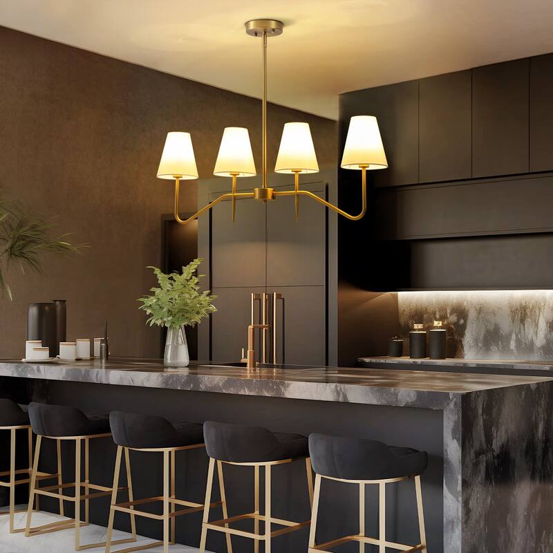 32.3" 4-Light Mid-Century Modern Gold/Black with Fabric White Cone Shades Kitchen Island Pendant Light