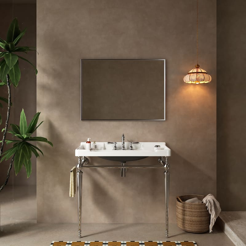 36" Wall-Mounted Console Sink: Ceramic Basin with Stainless Steel Legs & Towel Bar (No Faucet) - Chrome+White