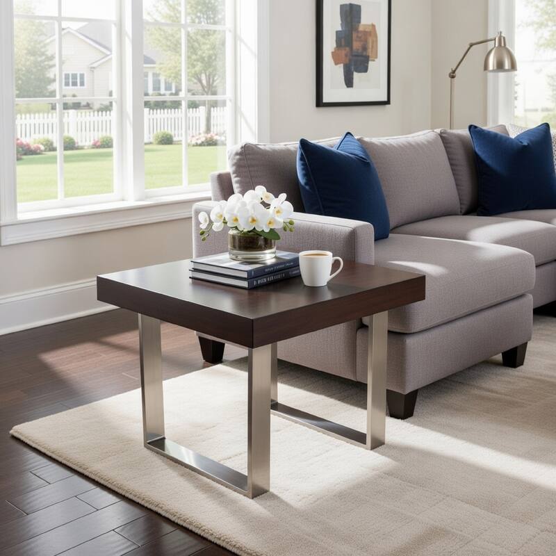 Ien 28 Inch Side End Table, Square Top, Metal Sled Legs, Espresso Brown