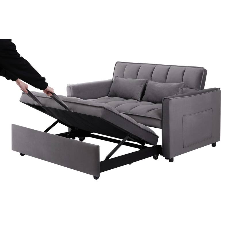 3 in 1 Convertible Sofa Bed, Pull Out Sleeper Sofa Couch with Adjustable Backrest, Storage Bag and Pillow, Velvet Futon Sofa Bed