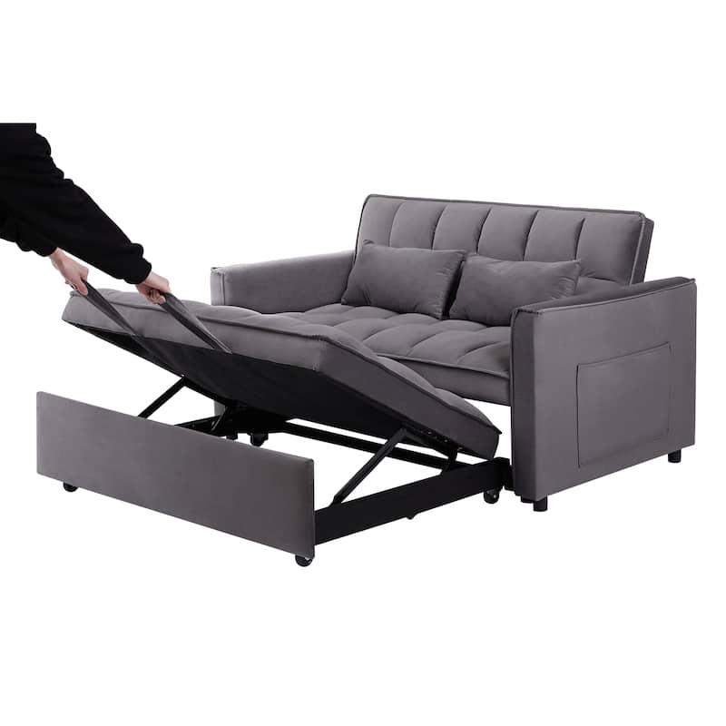 55.1-inch 3-in-1 convertible sofa bed, modern velvet double sofa Futon sofa bed with adjustable back, storage bag and pillow