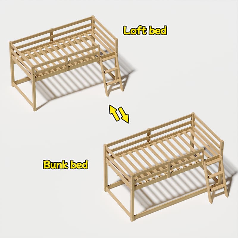 Convertible Twin Low Loft Bed with LED Lighting, Solid Wood Frame, Oak Finish