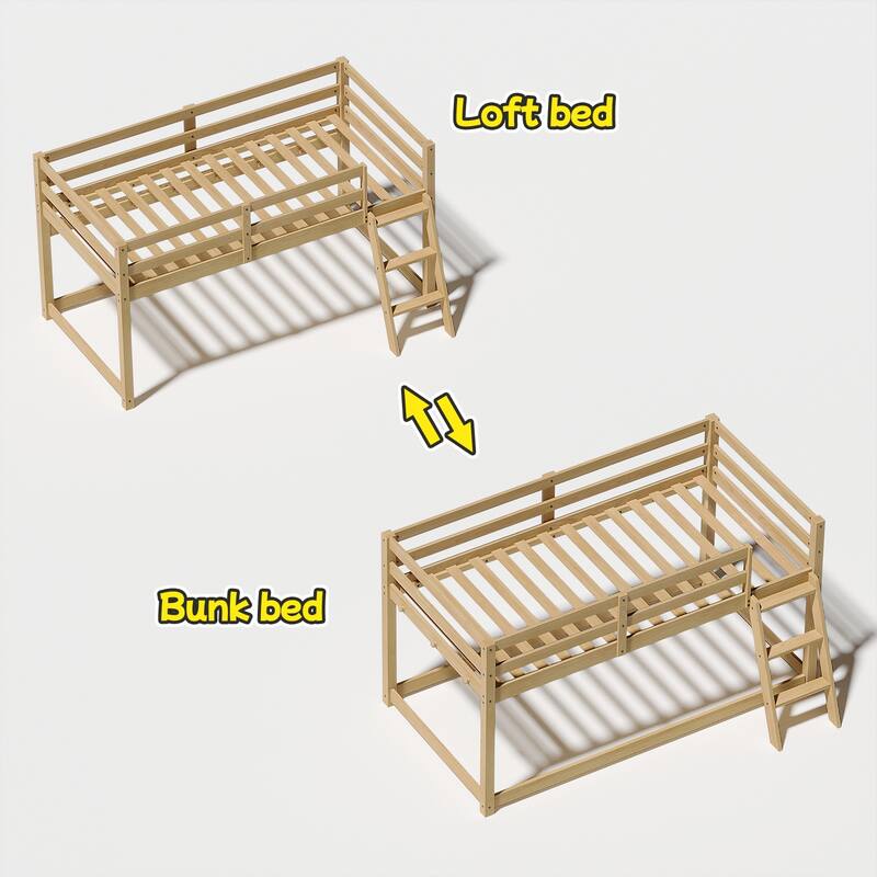Kids Twin Low Loft Bed - Convertible to Bunk Bed, Solid Wood Modern Bed Frame with LED Strip Lighting