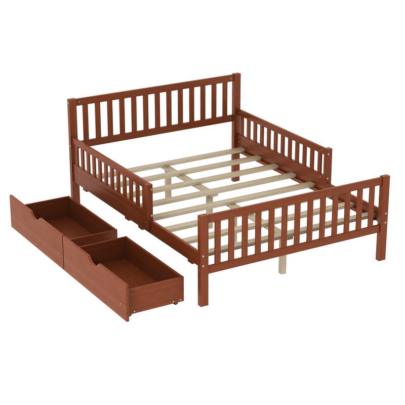 Full Size Wood Platform Bed with Guardrails on Both Sides and Two Storage Drawers, Walnut