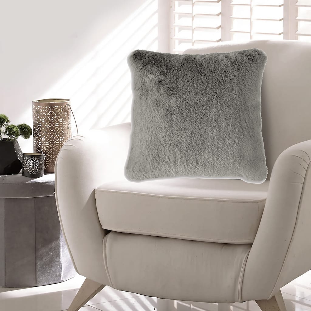 Difi Throw Pillow Set of 4, 20 Inch, Faux Rabbit Fur Face, Gray Polyester