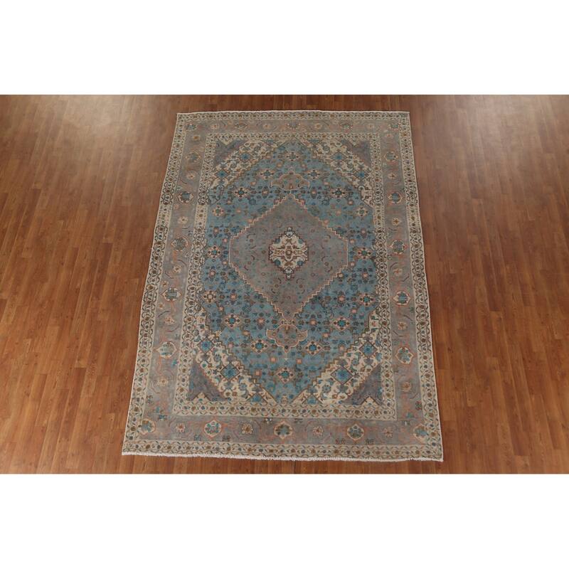 Blue Over-Dyed Tabriz Persian Vintage Rug Hand-Knotted Wool Carpet - 6'9"x 9'9"