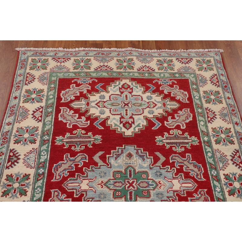 Red Geometric Kazak Rug Handmade Wool Carpet - 3'11" x 5'7"