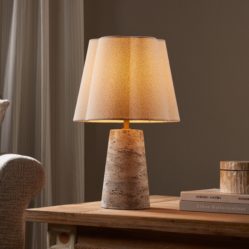 KAWOTI 18.5 in. Natural Textured Cement Table Lamp with Velvet Fabric Shade for Living Room and Bedside - D11" * H18.5"