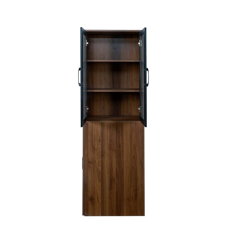 70.87" H Display Storage Cabinet , 4 Tier multi-functional pull-out multi-tier storage shelf & 2 Glass Doors