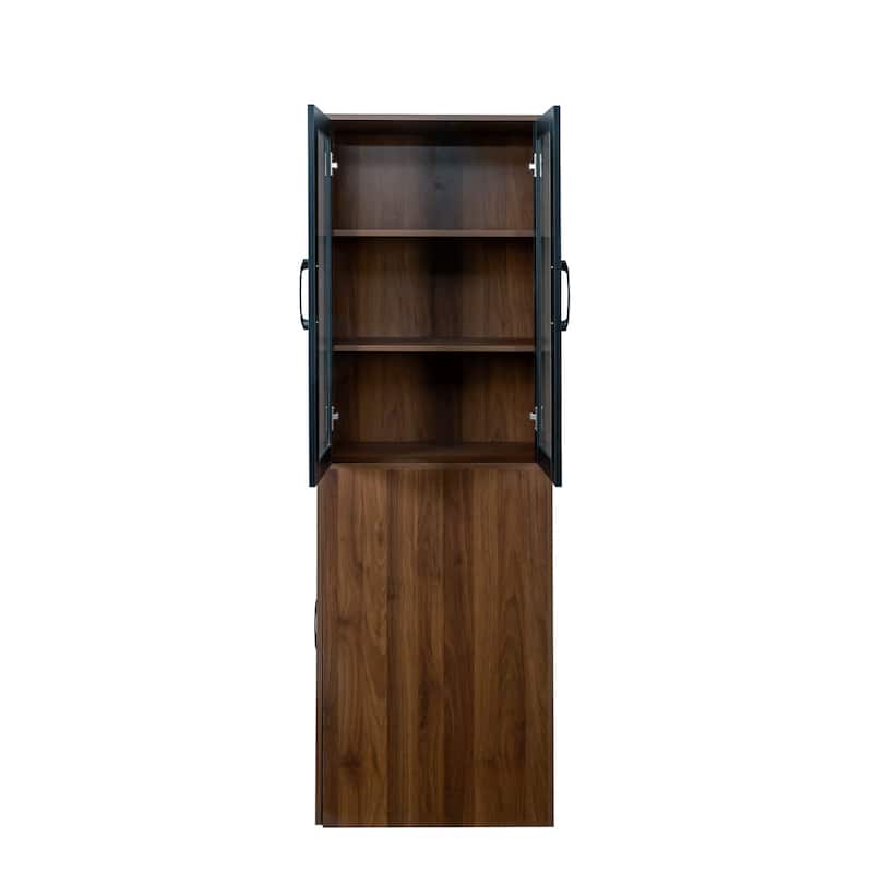 Glass Display Cabinet 3-Tier Bookcase for Collectibles, Wood Storage Cabinet with Door & 4-Tier Pull-Out Shelves for Living Room