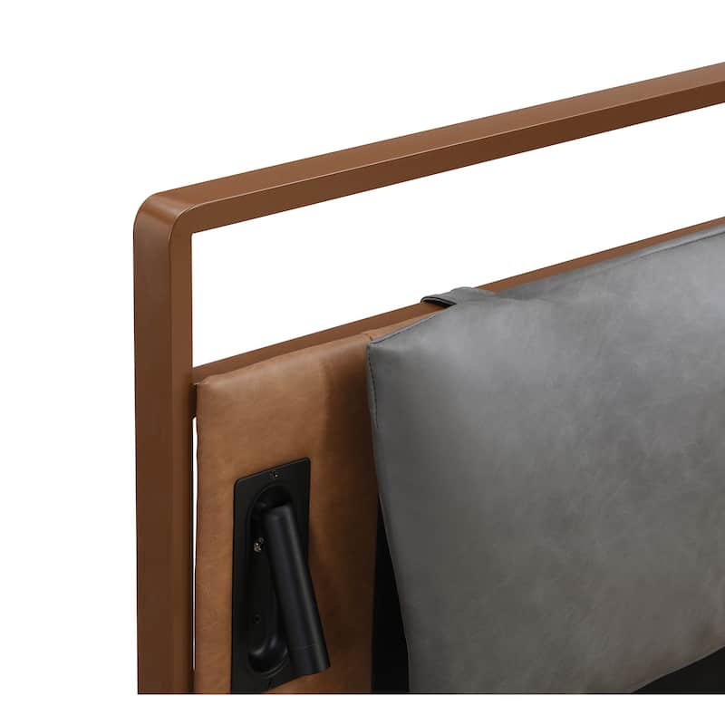Brown&Gray Leather King Bed with 2pcs Night Lights