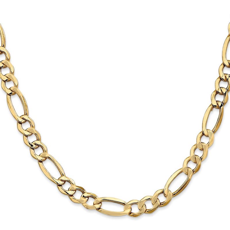 Curata 14k Yellow Gold Hollow Polished Lobster Claw Closure 7.3mm Semi solid Figaro Chain Bracelet