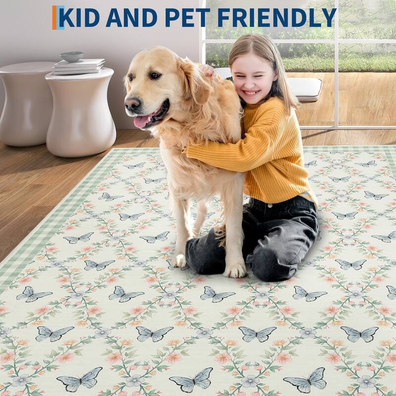 Butterfly Pattern Rugs for Living Room, Modern Floral Area Rug, Washable Border Plaid Non Slip Floor Carpet