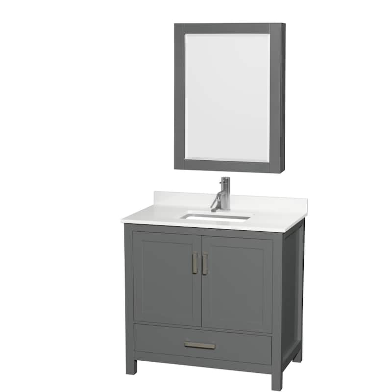Sheffield 36-inch Single Vanity, Single Hole Quartz Top, Med Cabinet - Dark Gray, Chrome Trim, White Quartz Top