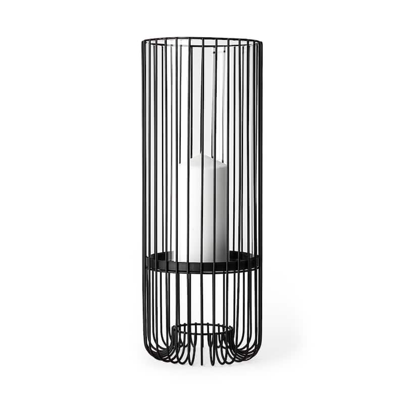 17" Black Abstract Metal And Glass Tabletop Hurricane Candle Holder