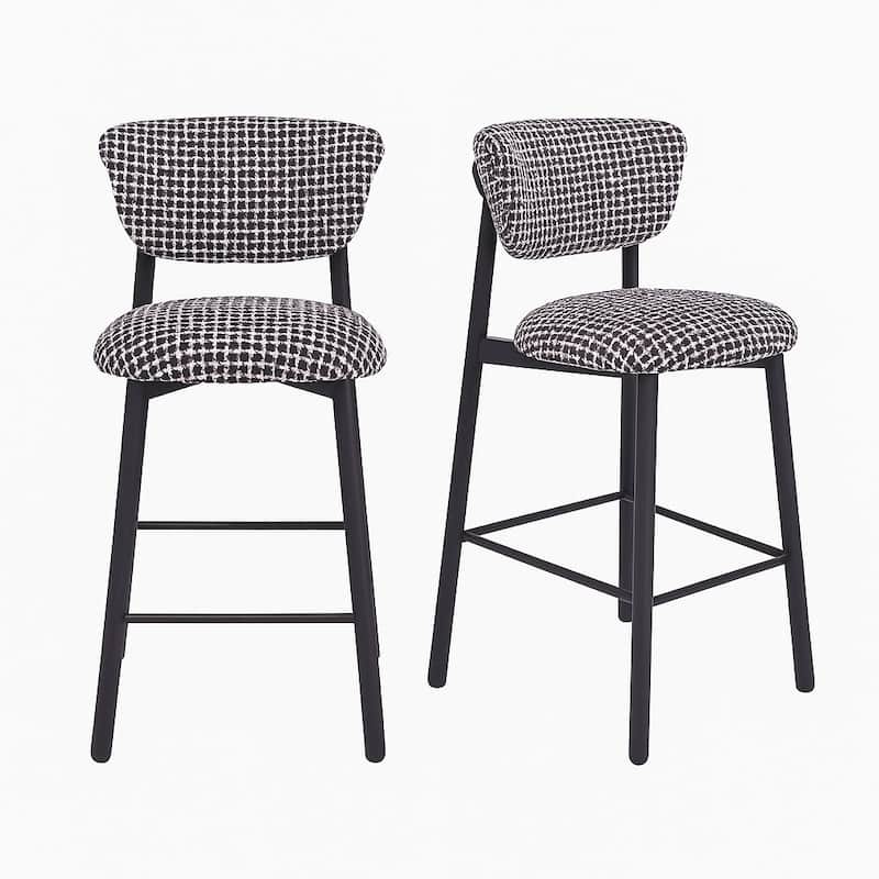 Set Of 2 Upholstered Counter Height Stools With Wood-look Metal Frame, Rolled Backrest, Woven Fabric - N/A - Black