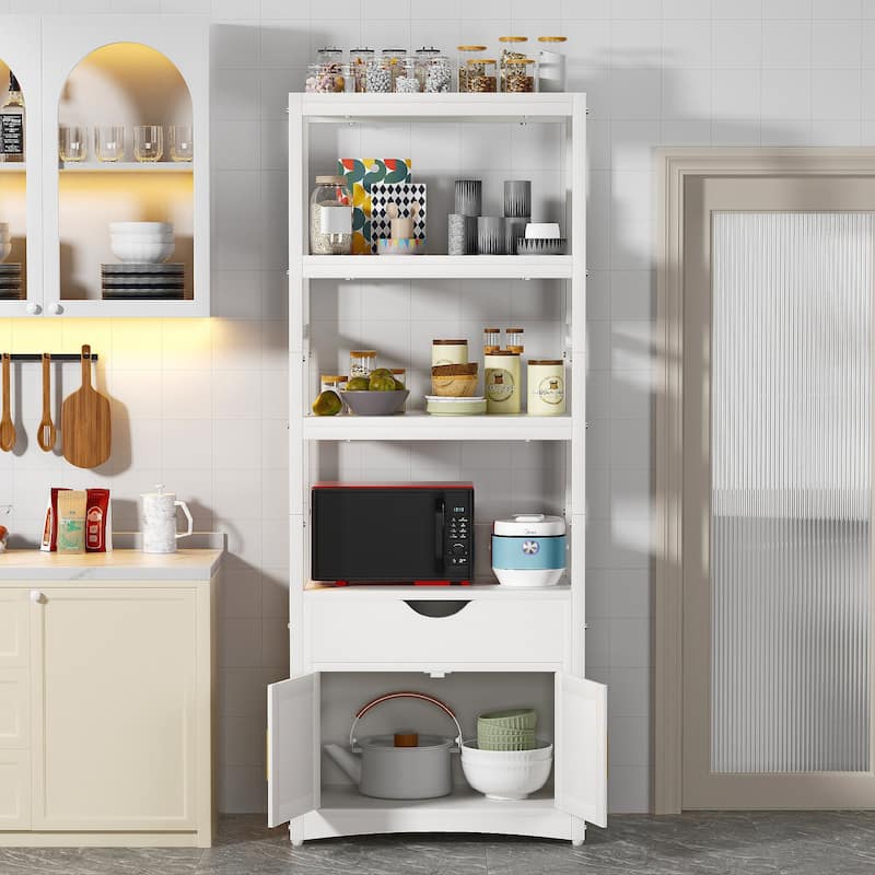 VECELO White Multifunctional Kitchen Storage Cabinet with Microwave Stand Drawer Charging Ports Freestanding Cabinet for Kitchen