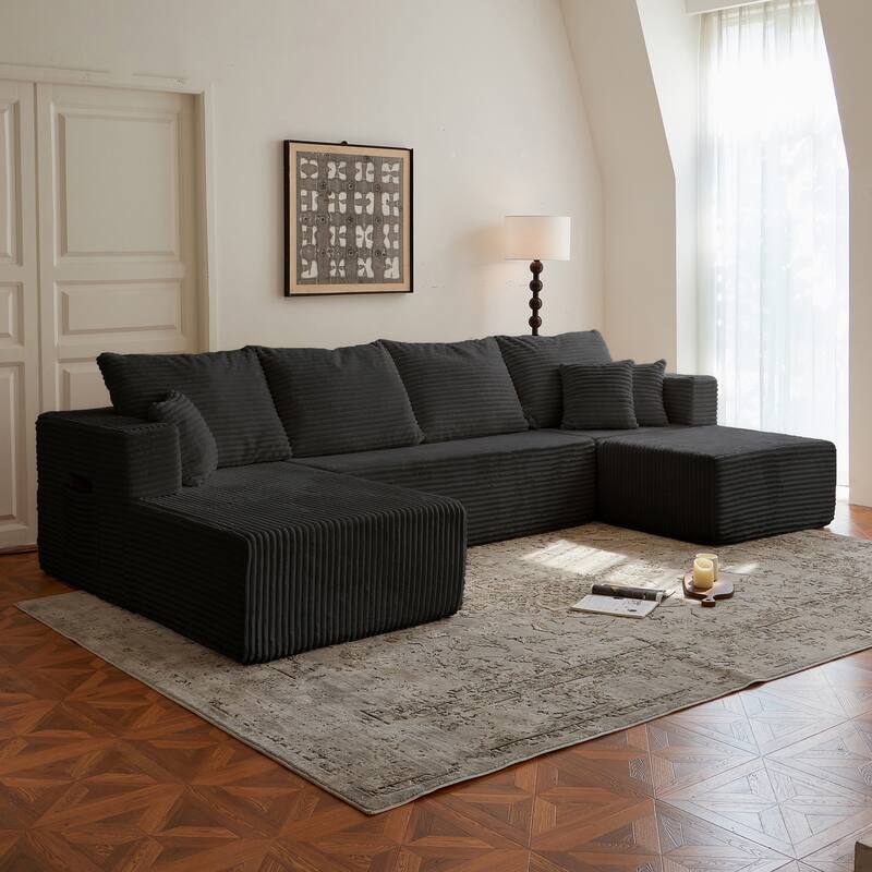 Corduroy Modular Sectional Sofa with Ottoman, U Shaped Upholstered Couch