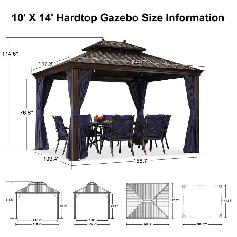 PURPLE LEAF Outdoor Hardtop Gazebo For Patio Bronze Aluminum Frame Pavilion With Navy-Blue Curtain