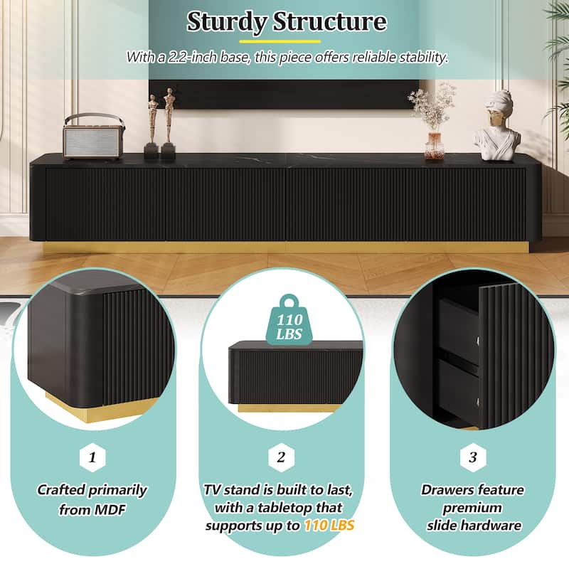 Roomfitters Luxury Fluted TV Stand for TVs up to 85", Modern Media Console with Faux Marble Top, Curved Design and Storage