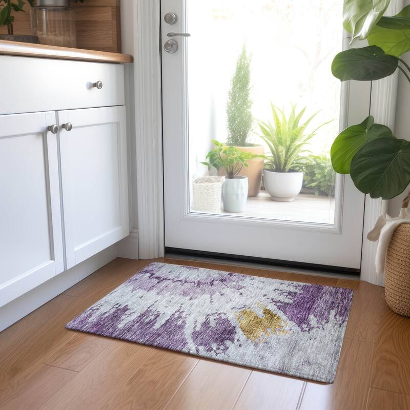 Machine Washable Indoor/ Outdoor Chantille Tie Dye Modern Rug - Purple - 1'8" x 2'6"