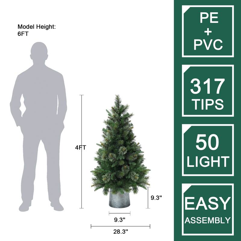 4Ft Pre-Lit Artificial Christmas Pine Tree with Metal Pot - 48" H x 28.3" Diameter