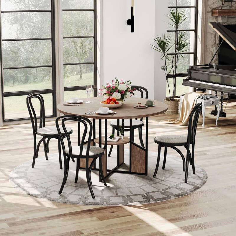 59" Round Dining Table for 4–6, Wood Pedestal Kitchen Table with Adjustable Feet, Farmhouse Style for Dining Room