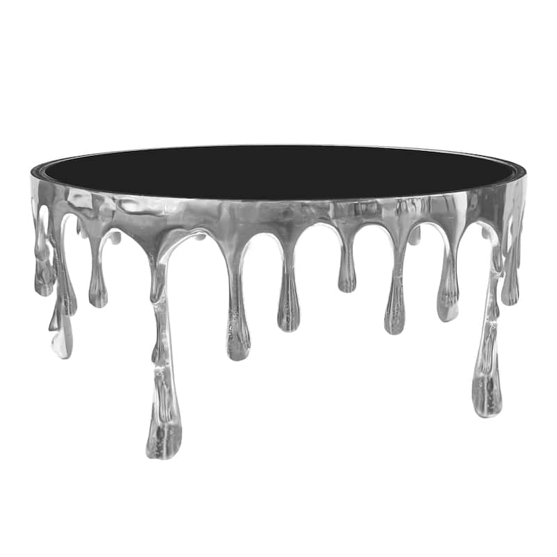Capri Coffee Table, 36 Inch Round Glass Top, Melting Drip Design, Silver
