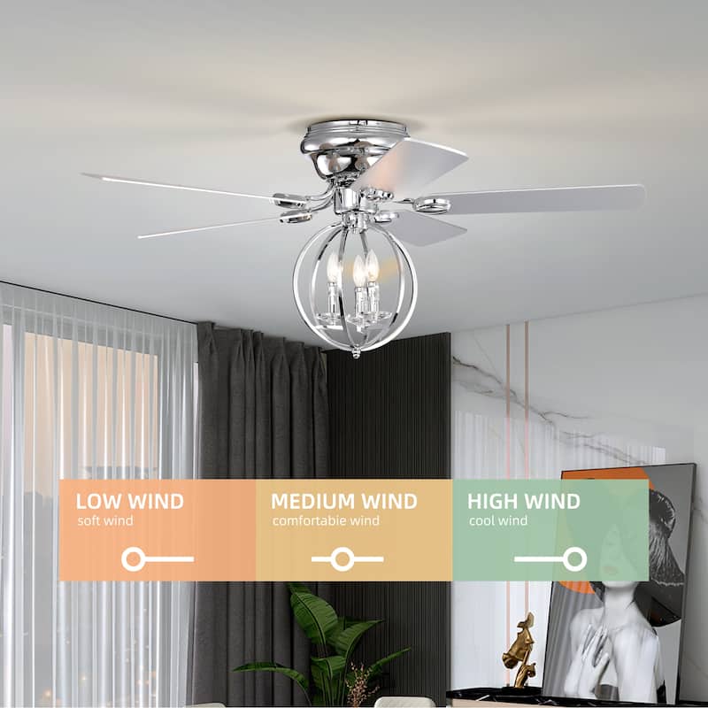 5-blade 52-inch Chrome Ceiling Fan with 3-Light (NO INCLUDE BULB) Chandelier (Remote Controlled)