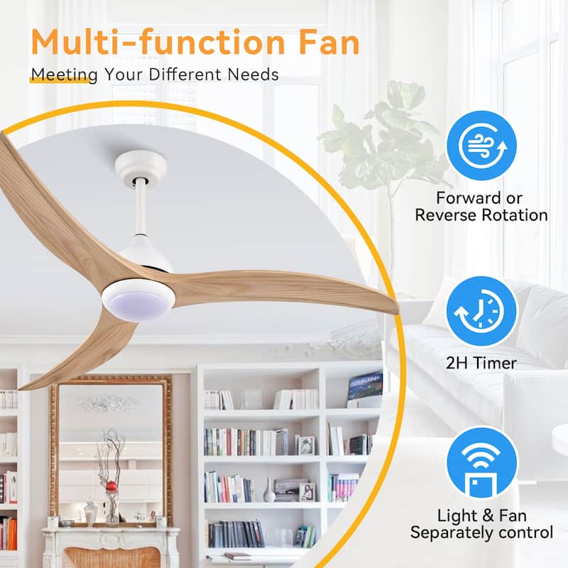 52 inches Indoor Solid Wood 6-Speed Ceiling Fan with Lights, Slient 3-Color Futuristic Ceiling Fan with Remote - 52 Inches