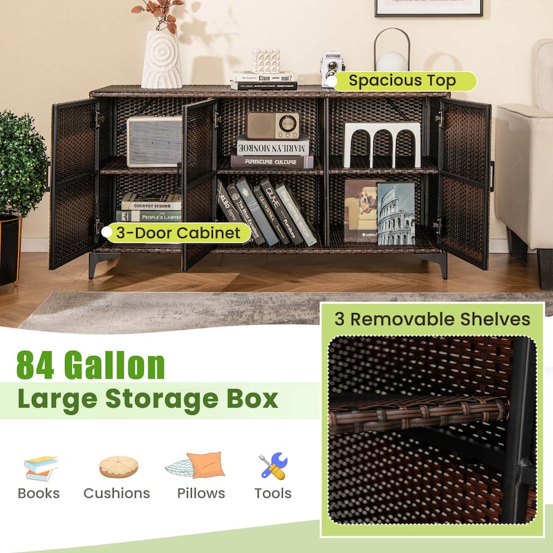 Costway 84 Gallon 3-Door Patio Wicker Storage Cabinet Deck Box with - See Details