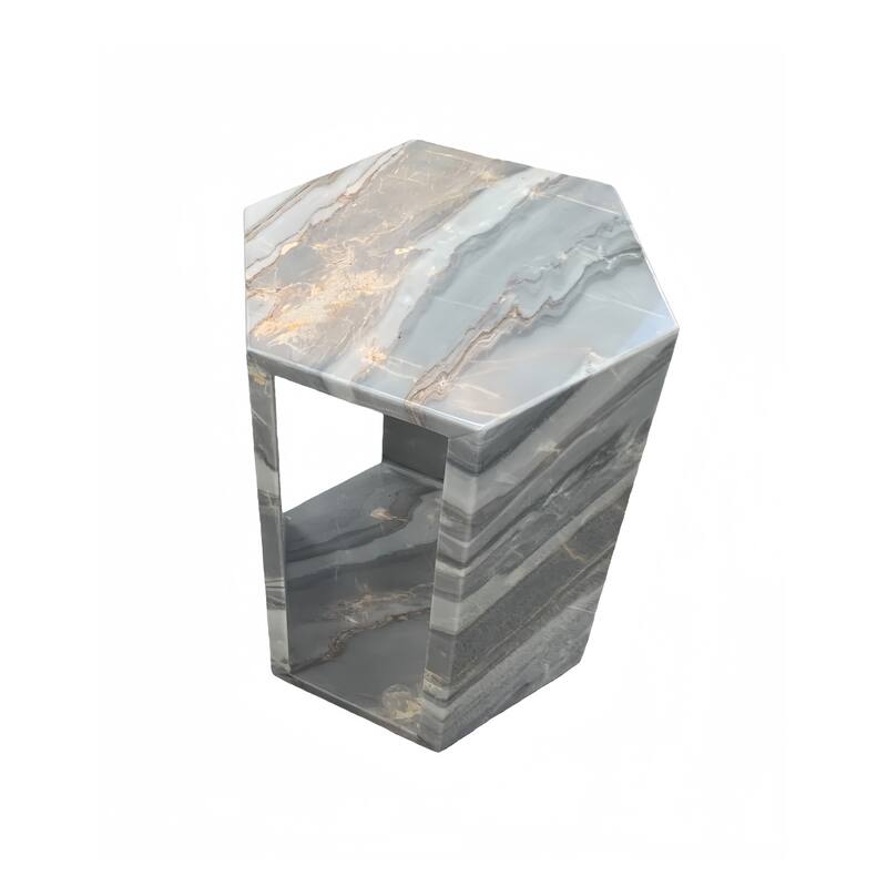 Roomfitters Luxury Natural Marble Hexagon Side Table, Solid Stone Geometric Pedestal End Table, Polished Finish