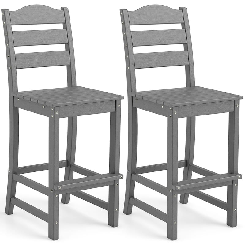 Gymax Set of 2 HDPE Bar Stool Tall Chair Backrest Footrest All Weather - Bar Height - Grey - Single