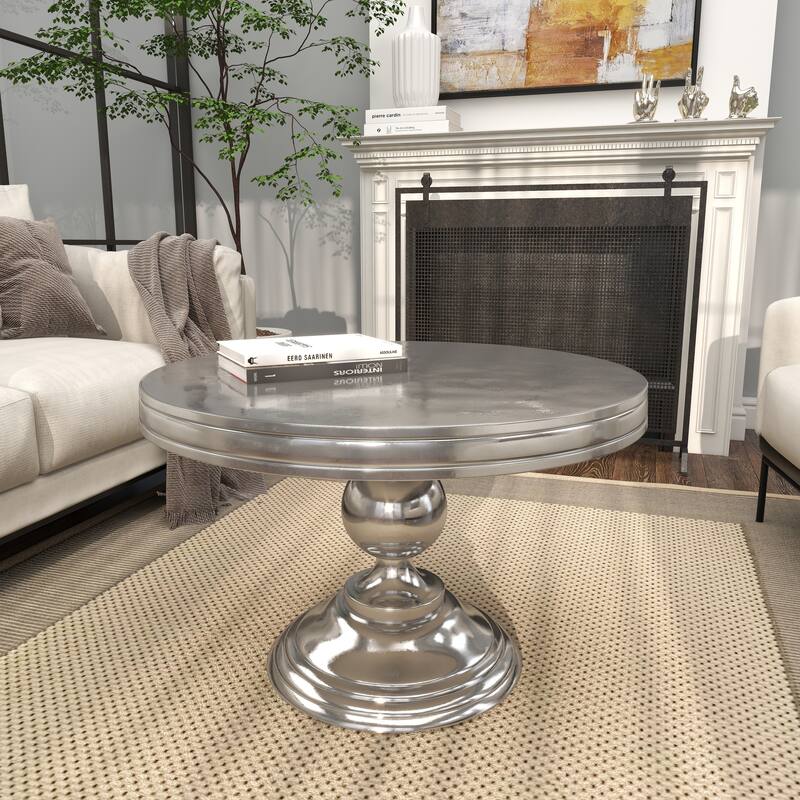 Silver Aluminum Metal Sleek Ball Centered Base Living Room Coffee Table