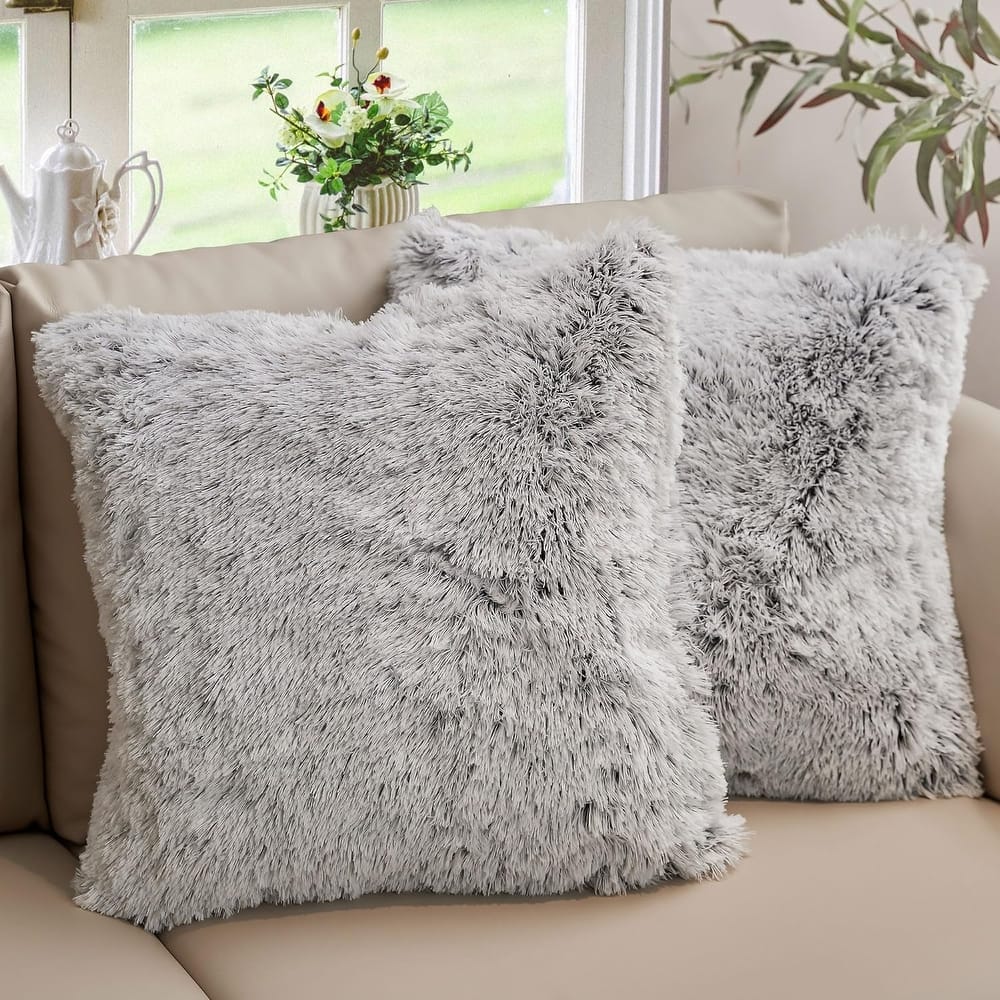 Cheer Collection Super Soft Shaggy Long Hair Throw Pillows Set of 2 Plush Accent Cushions