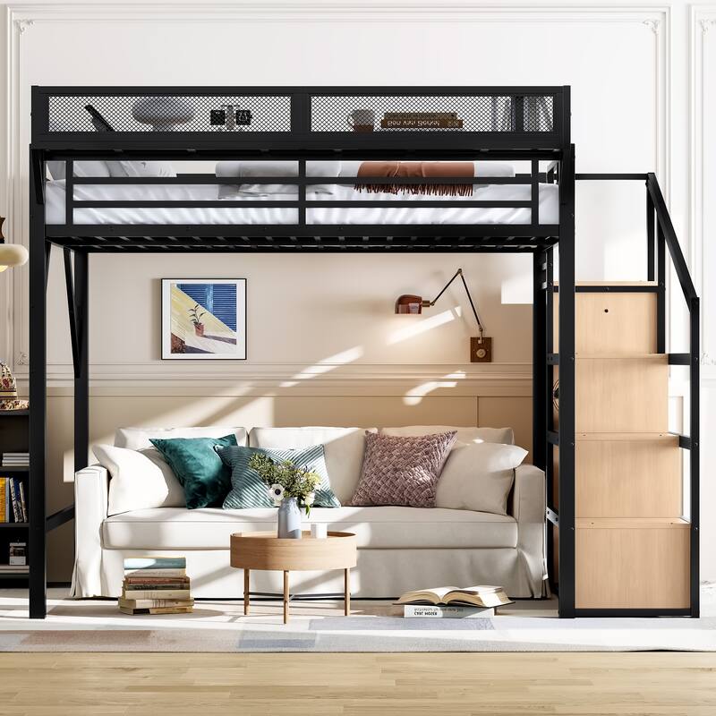 Noise-reduced Design Loft Bed for Teens, Adults with Built-in Wardrobe, Storage Stairs, Shelves, Charging Station and LED Lights - Black - Queen