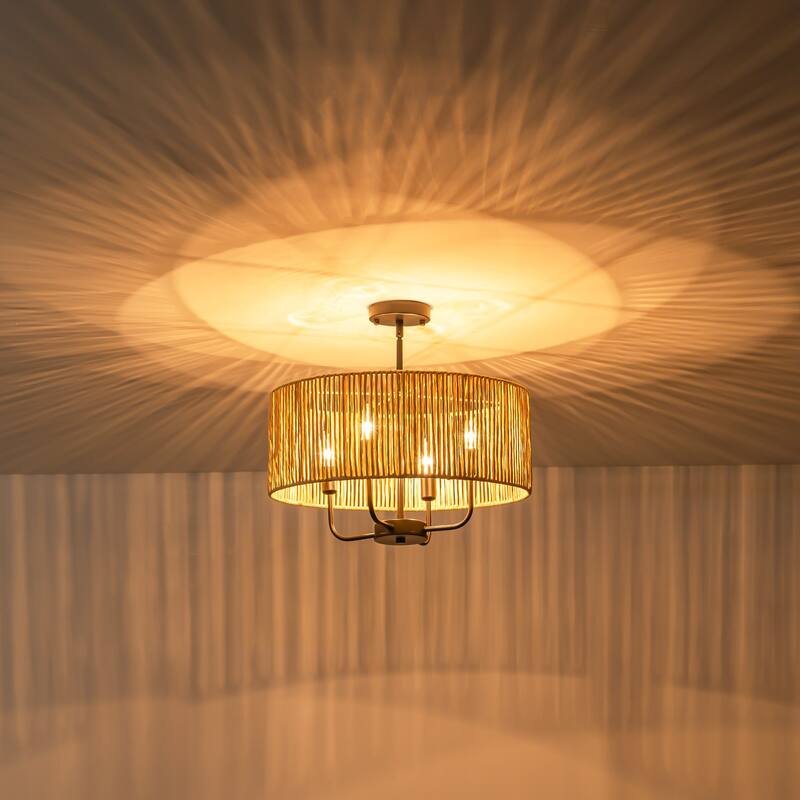 4-Light Rustic Farmhouse Drum Chandelier/Island Lights with Handwoven Rope Shade - 19.6 in. W x 11.4 in. H