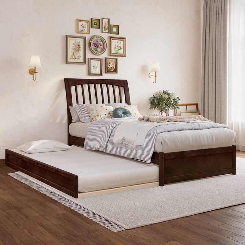 Roslyn Platform Bed with Modern Panel Footboard and Twin XL Trundle - Walnut - Twin XL