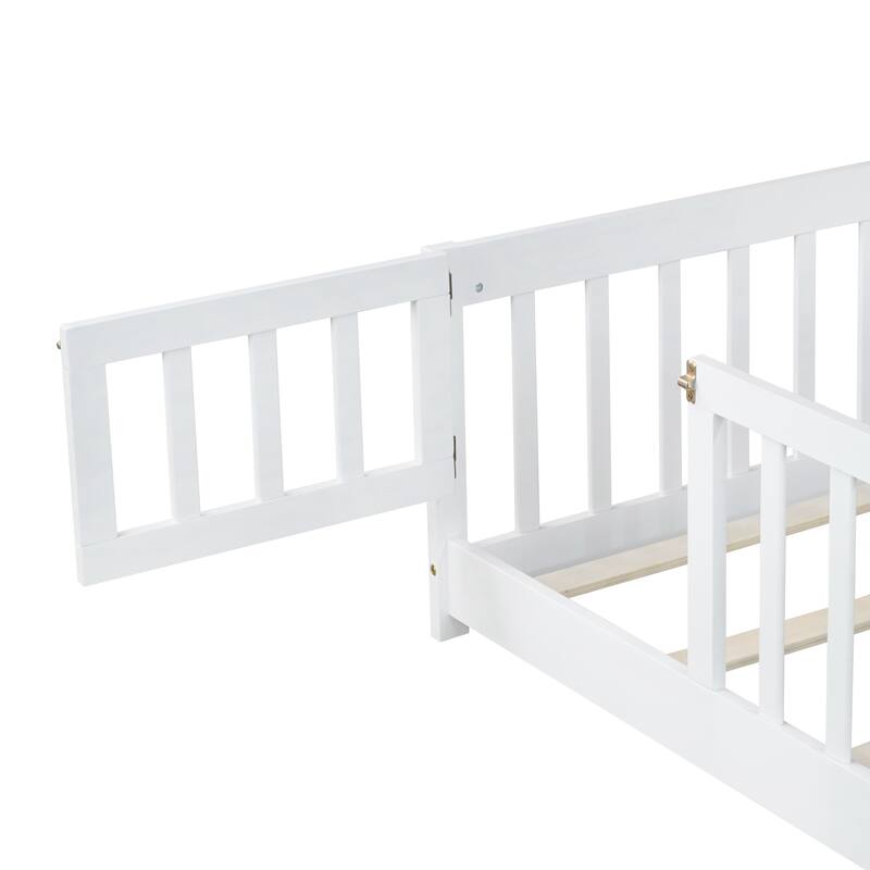Twin Size Floor Bed with Fence and Door,Rubber Wood Floor Bed with Safety