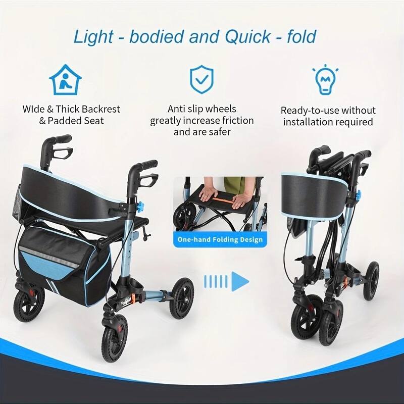 Lightweight Foldable All Terrain Rolling Walker with seat, Aluminum Walkers with 8 inch Rubber Wheels - Blue