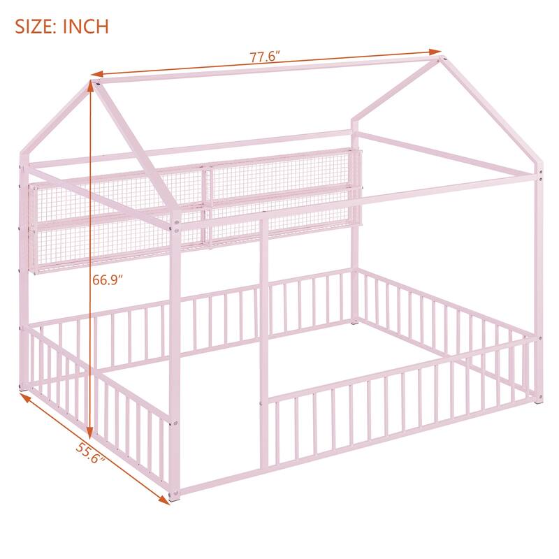 Full Size Metal House Bed Frame with Built-In Grid Shelves, Playful Canopy Design and Space-Saving Storage