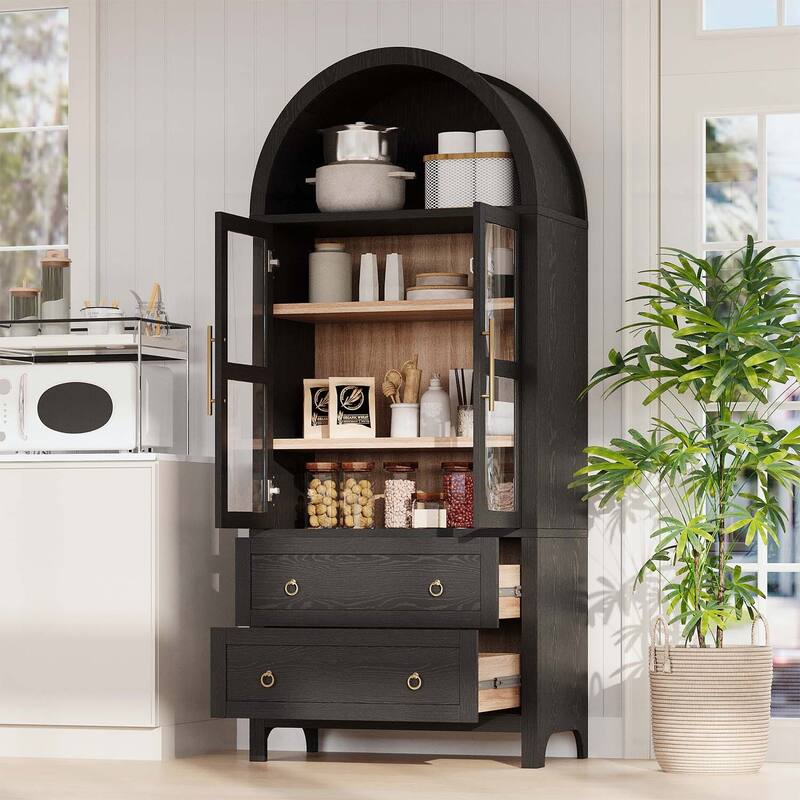 71 Inch Tall Cabinet with 2 Large Drawers,Adjustable Shelves,and Glass Doors for Modern Farmhouse Storage