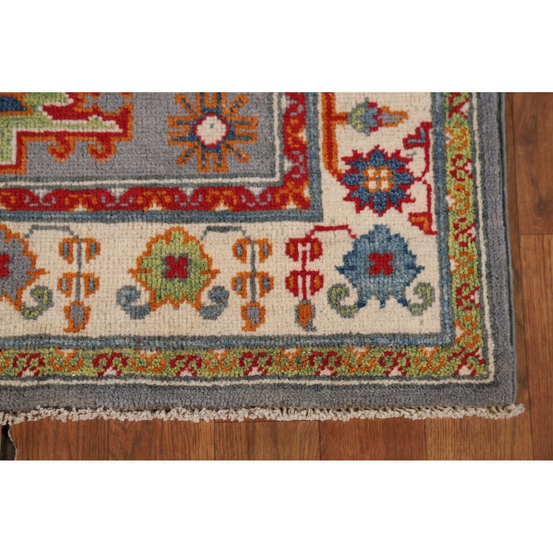 Gray Geometric Kazak Runner Rug Handmade Hallway Wool Carpet - 2'7" x 9'9"