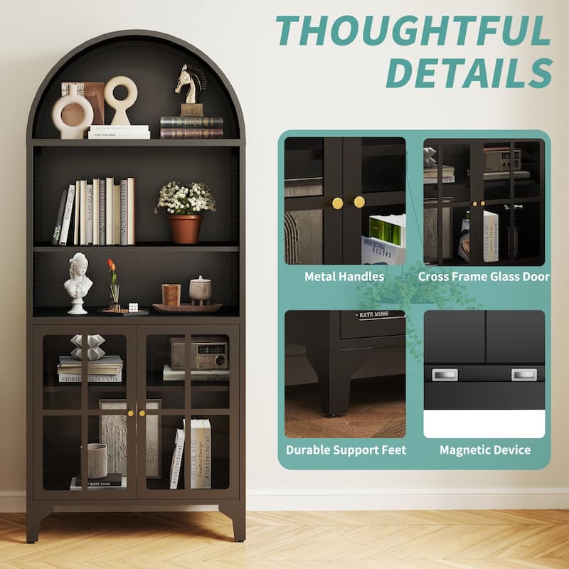 73.6-Inch Arched Metal Storage Display Cabinet with Adjustable Shelves