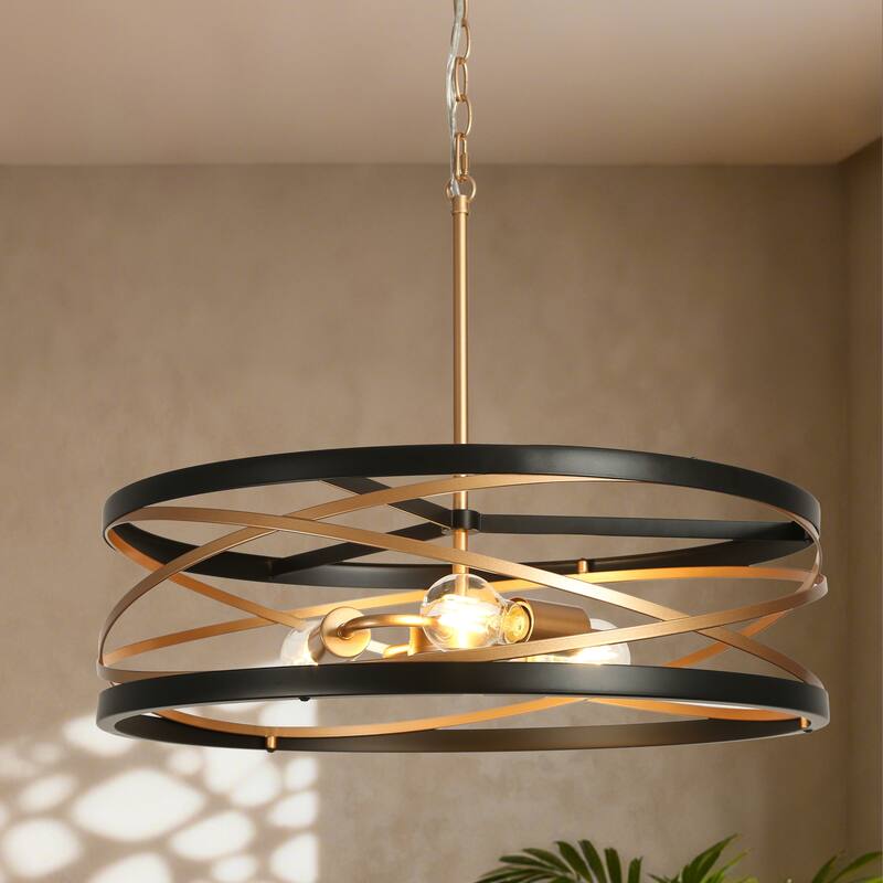 Dsmll Modern Farmhouse 3-Light Drum Chandelier Black Gold Kitchen Island Pendant - D 22" x H 79" Max