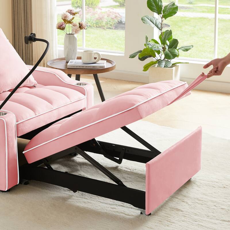 Convertible Pull-Out Chair Bed with USB Ports, Adjustable Backrest & Cup Holder